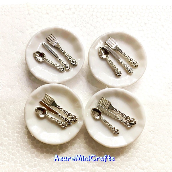 1:12 Miniature Plate & Silverware Set | White Plate Silver Utensil | Metal Fork Knife Spoon | Dollhouse Props