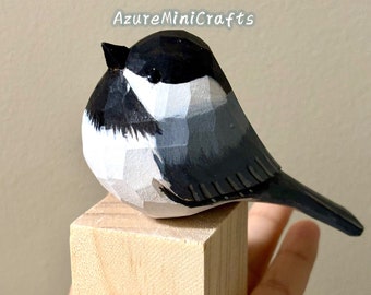 1 bird Handmade Wood Carving Bird Figurine with Pedesta Black-capped Chickadee  Laser Engraving Optional | Home Decor | Ornament