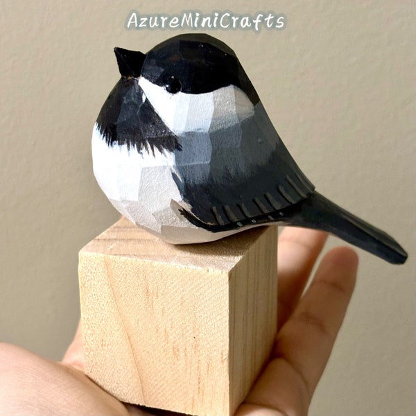 1 bird Handmade Wood Carving Bird Figurine with Pedesta Black-capped Chickadee  Laser Engraving Optional | Home Decor | Ornament