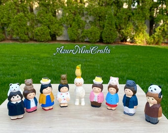 Hand-Carved Wood Miniature | Girls with Animal on the Head | Wood carving | Panda Bear Parrot Pig