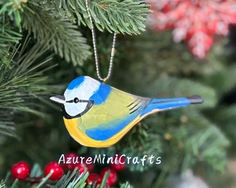 Handmade Basswood Eurasian Blue Tit Figurine | Wood Carving Bird Ornament
