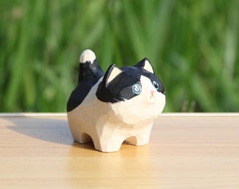 Handmade Wood Carving Cat Figurine | Black and Brown Cat  | Home Decor, Gift for Animal Lovers