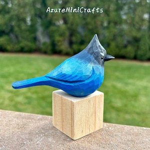 Handmade Wood Carving Bird Figurine Stellar’s Jay Mountain Jay Blue Jay Laser Engraving Optional | Home Decor | Ornament option