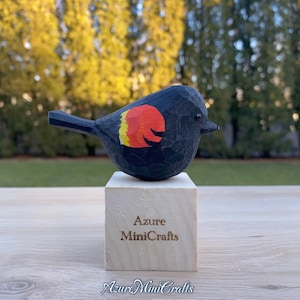 Handmade Wood Carving Bird Miniature Figurine with Pedestal | Parus monticolus | Black-Backed Bird | Laser Engraving Optional