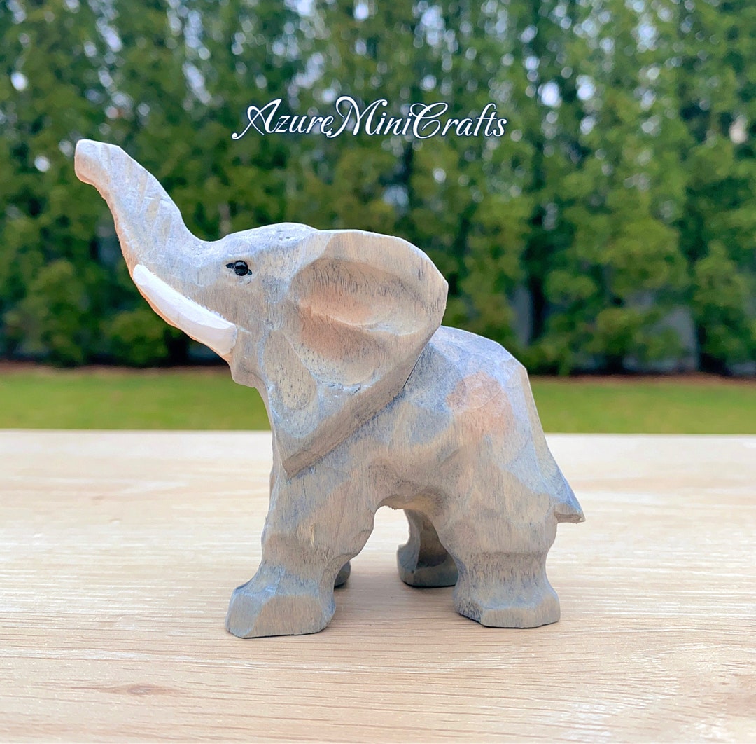 Handcarved Wood 4'' Elephant Sculpture Wood Carving Wooden Elephant