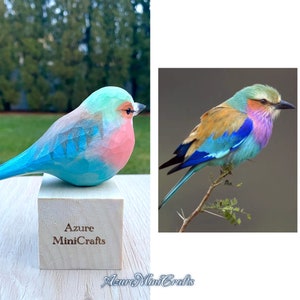 Handmade Wood Carving Bird Miniature Figurine with Pedestal Coracias caudatus | Laser Engraving Optional | Home Decor | Ornament