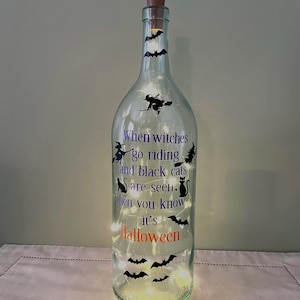 Decorated Halloween Wine Bottle: Witches & Black Cats Decor
