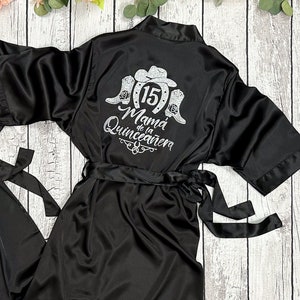 Mother of the Quinceañera Robe with Rancho Design | Bata para Mamá de la Quinceañera | Mis Quince Años con Diseño de Rancho | Satin robe