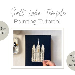 Może przedstawiać: Samouczek malowania świątyni w Salt Lake City. Obraz przedstawia osobę dodającą ostatnie szlify do obrazu świątyni na ciemnoniebieskim płótnie. Samouczek zawiera krok po kroku PDF i wideo.