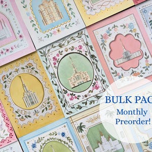 Op de afbeelding: Een verzameling aquarelkaarten met architecturale illustraties van tempels. Elke kaart heeft een unieke bloemenrand en een centraal beeld van een tempel. De kaarten zijn in verschillende pastelkleuren, met de tekst "BULK PACK Monthly Preorder!"