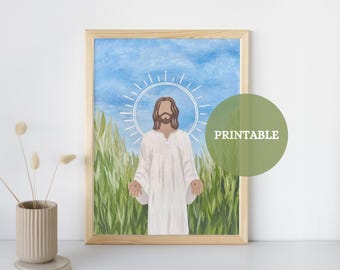 Peut inclure: Une impression d'art imprimable représentant une peinture de Jésus-Christ debout dans un champ d'herbe verte avec une auréole blanche au-dessus de sa tête. Le ciel est bleu avec des nuages blancs. L'impression est encadrée dans un cadre en bois clair.
