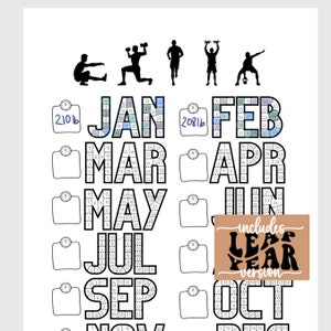Op de afbeelding: Een printbare fitness tracker-kalender met een weegschaalpictogram en een ruimte om je gewicht voor elke maand in te vullen. De kalender bevat een schrikkeljaarversie. De maanden zijn in grote, vetgedrukte letters geschreven. De kalender is zwart-wit met blauwe en grijze accenten.