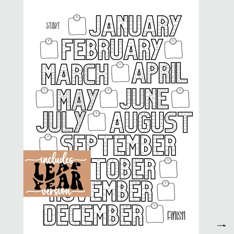 Op de afbeelding: Zwart-witte printbare gewichtsverlies tracker met een weegschaalpictogram voor elke maand van het jaar. De tracker bevat een schrikkeljaarversie. De tekst "START" staat bovenaan de tracker en "FINISH" onderaan.