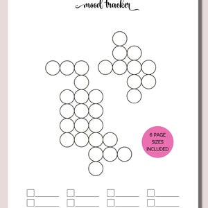 K&ouml;nnte beinhalten: Ein wei&szlig;es, druckbares Mood-Tracker-Design mit handgeschriebenem Titel "mood tracker". Das Design zeigt mehrere Cluster verbundener Kreise zur Stimmungsverfolgung, zusammen mit Kontrollk&auml;stchen und Linien f&uuml;r Notizen. Ein pinkfarbener Kreis besagt "6 SEITENGR&Ouml;&szlig;EN ENTHALTEN".