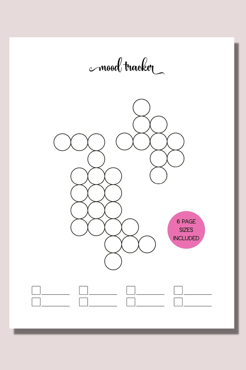 K&ouml;nnte beinhalten: Ein wei&szlig;es, druckbares Mood-Tracker-Design mit handgeschriebenem Titel "mood tracker". Das Design zeigt mehrere Cluster verbundener Kreise zur Stimmungsverfolgung, zusammen mit Kontrollk&auml;stchen und Linien f&uuml;r Notizen. Ein pinkfarbener Kreis besagt "6 SEITENGR&Ouml;&szlig;EN ENTHALTEN".