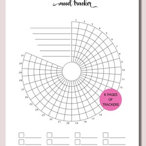 K&ouml;nnte beinhalten: Ein schwarz-wei&szlig; Mood Tracker mit kreisf&ouml;rmigem Design, mit einem Raster zur Verfolgung der t&auml;glichen Stimmungen. Der Text "mood tracker" steht oben, und ein rosa Kreis zeigt "6 Seiten Tracker" an.