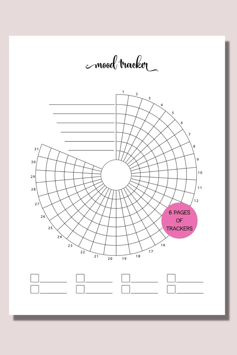 K&ouml;nnte beinhalten: Ein schwarz-wei&szlig; Mood Tracker mit kreisf&ouml;rmigem Design, mit einem Raster zur Verfolgung der t&auml;glichen Stimmungen. Der Text "mood tracker" steht oben, und ein rosa Kreis zeigt "6 Seiten Tracker" an.