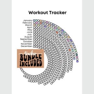 Op de afbeelding: Een zwart-witte printbare workout tracker met een cirkelvormig ontwerp. De tracker heeft 12 maanden van het jaar aan de linkerkant vermeld, met een raster van vierkanten voor elke maand. De tekst "tracker BUNDLE INCLUDED" staat in de linkerbenedenhoek.