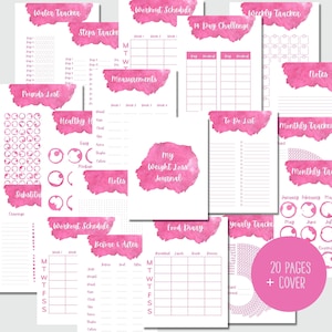 Könnte beinhalten: Ein druckbares rosa Aquarell-Tagebuch zur Gewichtsabnahme mit 20 Seiten und einem Einband. Das Tagebuch enthält Seiten zum Verfolgen der Wasseraufnahme, der Schritte, des Gewichtsverlusts, der gesunden Gewohnheiten, der Trainingspläne, der Ernährungstagebücher, der To-Do-Listen und der monatlichen Tracker.