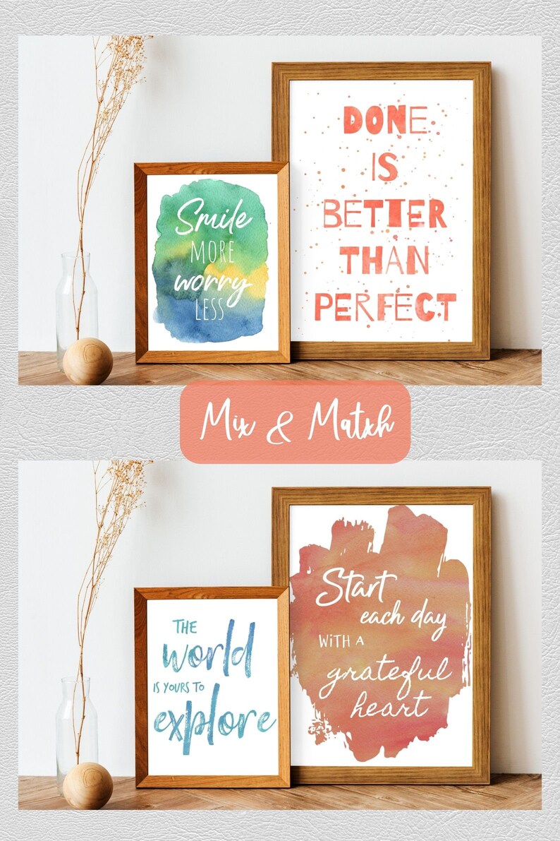May include: Four watercolour prints with inspirational quotes. The prints are framed in natural wood frames and feature a mix of colours, including blue, green, yellow, orange, and pink. The quotes are: "Smile More Worry Less", "Done is Better Than Perfect", "The World is Yours to Explore", and "Start Each Day With a Grateful Heart".