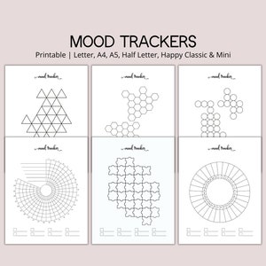 K&ouml;nnte beinhalten: Eine Sammlung druckbarer Stimmungstracker in verschiedenen Designs, darunter geometrische Formen und kreisf&ouml;rmige Layouts. Der Text "MOOD TRACKERS" steht oben, mit Gr&ouml;&szlig;enoptionen darunter. Jeder Tracker ist schwarz-wei&szlig;.