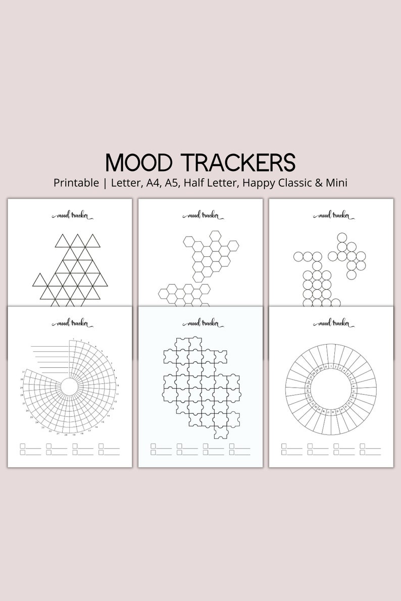 K&ouml;nnte beinhalten: Eine Sammlung druckbarer Stimmungstracker in verschiedenen Designs, darunter geometrische Formen und kreisf&ouml;rmige Layouts. Der Text "MOOD TRACKERS" steht oben, mit Gr&ouml;&szlig;enoptionen darunter. Jeder Tracker ist schwarz-wei&szlig;.
