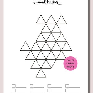 K&ouml;nnte beinhalten: Ein wei&szlig;es Blatt mit einem schwarzen geometrischen Stimmungstracker-Design. Der Tracker besteht aus Dreiecken und enth&auml;lt den Text "mood tracker" und "BULLET JOURNAL INSERTS". Es gibt auch mehrere kleine K&auml;stchen f&uuml;r Notizen.