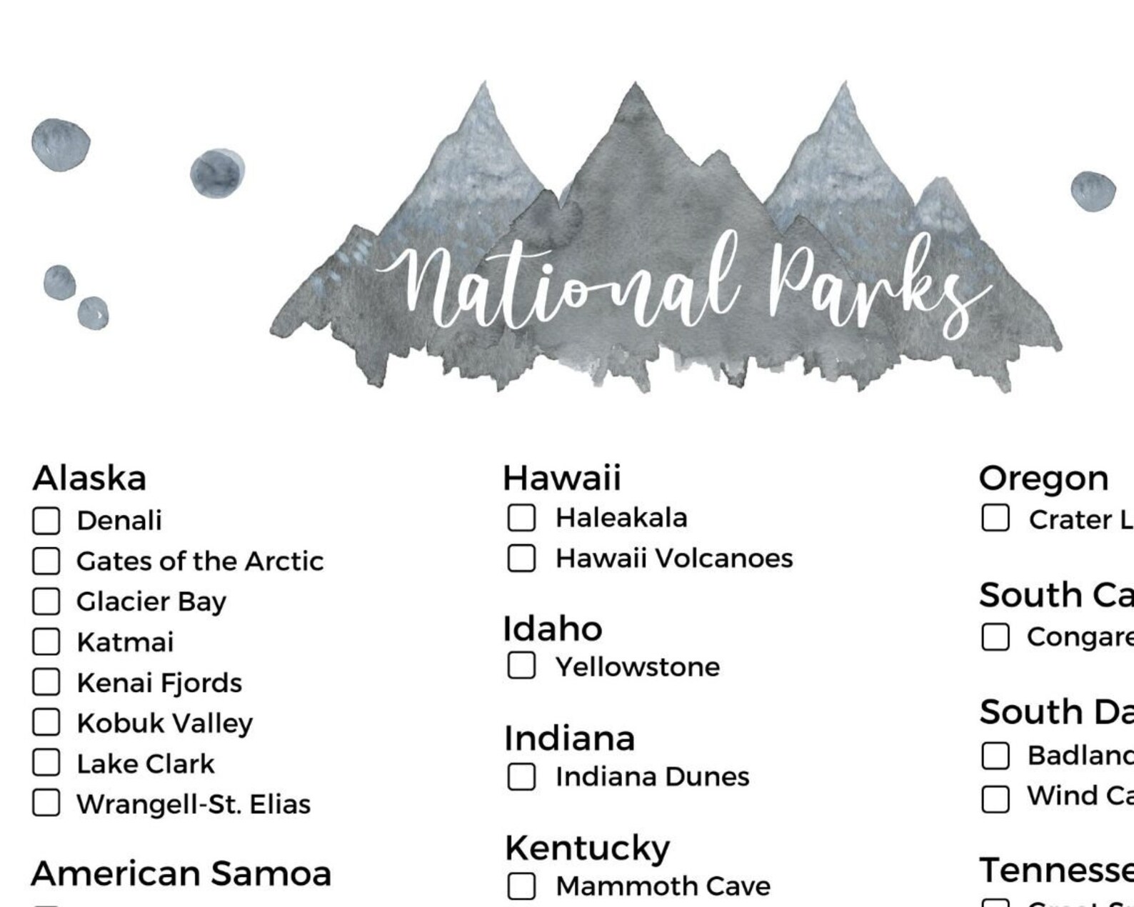 Printable National Parks Checklist National Park Poster - Etsy