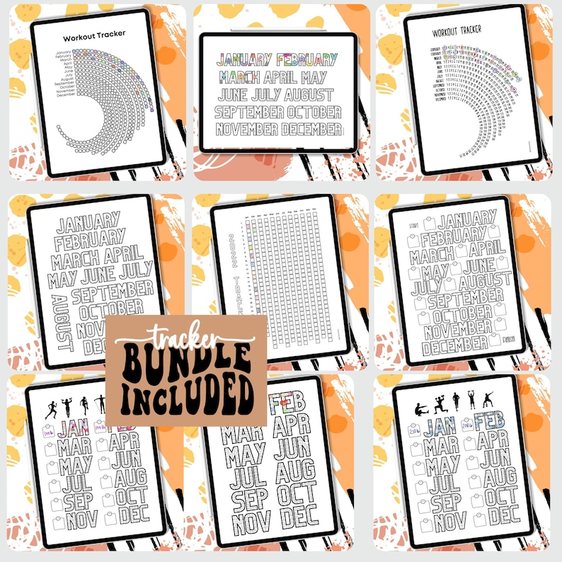 Op de afbeelding: Een digitale printbare bundel met workout trackers. De bundel bevat 10 verschillende trackers, elk met een andere lay-out en ontwerp. De trackers zijn perfect om je trainingen, doelen en voortgang bij te houden. De trackers zijn in zwart-wit met een kleurrijke achtergrond.