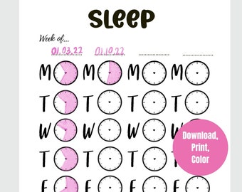 Uhr Schlaf-Tracker, Wellness-Planer, Tägliches Wochentagebuch, Insomnie Diagramm, Gesundheit Bullet Journal Sofortiger digitaler Download druckbare PDF 2022