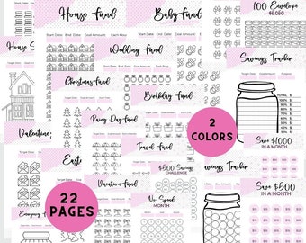 May include: A set of 22 printable pages for tracking savings goals. The pages feature various themes, including house, car, baby, wedding, Christmas, birthday, rainy day, travel, vacation, and emergency funds. Each page includes a savings tracker with a jar and a grid for recording deposits. The pages are designed in a pink and black color scheme with polka dots.