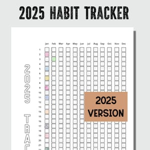 May include: A printable 2025 habit tracker with a black and white grid layout. The grid is divided into 12 columns representing each month of the year and 21 rows representing the days of the month. The text "2025 Habit Tracker" is at the top of the page. The text "2025 Version" is in a brown rectangle at the bottom right of the page.
