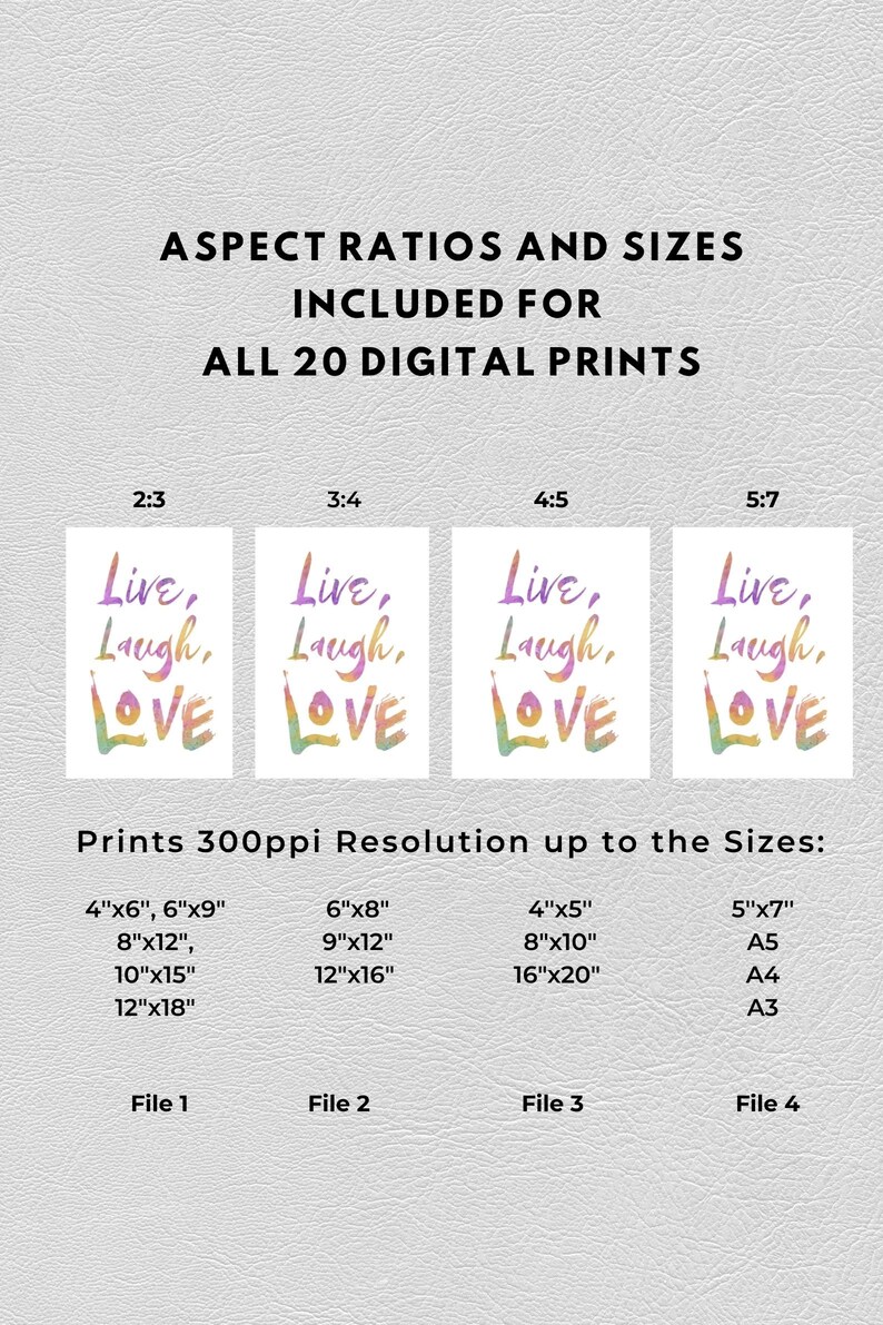May include: A digital printable art print with the text "Live, Laugh, Love" in a rainbow gradient. The print is available in four aspect ratios: 2:3, 3:4, 4:5, and 5:7. The print is available in multiple sizes, including 4x6 inches, 6x9 inches, 8x12 inches, 10x15 inches, and 12x18 inches.