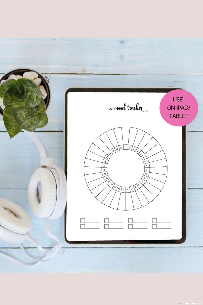 K&ouml;nnte beinhalten: Ein digitaler Stimmungstracker auf einem Tablet. Der Tracker ist ein kreisf&ouml;rmiges Diagramm mit nummerierten Abschnitten f&uuml;r jeden Tag des Monats. Der Text "mood tracker" steht &uuml;ber dem Diagramm. Ein rosa Kreis mit dem Text "USE ON IPAD/TABLET" befindet sich oben rechts.
