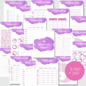 May include: A printable weight loss journal with 20 pages and a cover. The pages are decorated with watercolor-style purple and pink designs. The journal includes sections for tracking water intake, steps, pounds lost, healthy habits, workouts, food diary, and monthly progress.