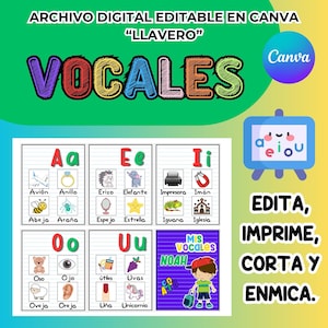 Llavero VOCALES, archivo editable en CANVA, tamaño carta, apoyo didáctico letras básicas, a e i o u. Edita, imprime, enmica y hazla llavero