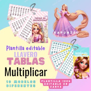 Llavero tablas de multiplicar Archivo digital Princesa cabello largo 10 modelos diferentes Editable 100% en Canva Imprimible en tamaño Carta