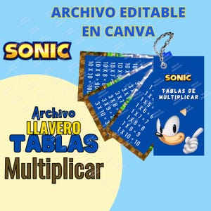 Llavero Tablas de Multiplicar editable y Archivo Digital PDF Tamaño Carta, Imprime y corta  S O N I C, Recurso  didáctico Matemáticas