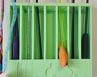 Cat Wand Toy Holder | Wall Mount Organizer, 7 Slots, Cat Silhouette Detail