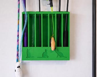 Cat Wand Toy Holder | Wall Mount Organizer, 7 Slots, Cat Silhouette Detail