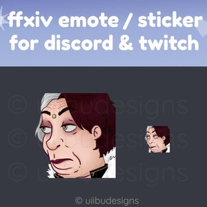 Puede incluir: Una ilustración digital de un personaje del videojuego Final Fantasy XIV. El personaje es una mujer con cabello blanco y castaño oscuro, que lleva un atuendo rojo oscuro y negro. La imagen es una pegatina o un emoticono para usar en Discord o Twitch. El texto "ffxiv emote / sticker for discord & twitch" está en la parte superior de la imagen.