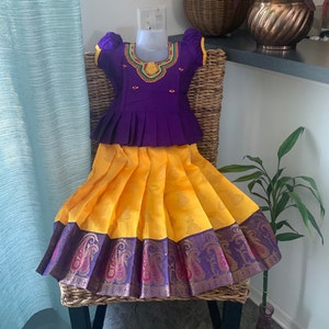 Yellow with Different Combination Maroon and Purple  Pattu Pavada/Langa blouse/Pattu Pavdai/Kids Wear for 6 Month - 1 Year & 3 - 4 Year Girl