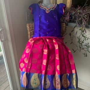 Multiple Sizes Pink Skirt  & Blue Top Chanderi Silk Pattu Pavada/Langa blouse/Ethnic Dress/Chaniya Choli/ Pattu Pavadai/ Pattu Langa/Indian