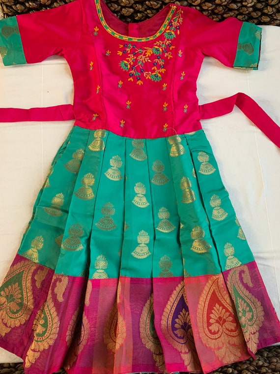 Green Pink Chanderi Silk Gown pattu Dress long Dress traditional Dress Multiple Sizes Available for Girls Etsy