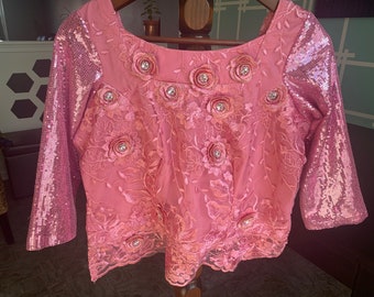 Size 36 Baby Pink Net and Embroidered Designer Long Blouse/Saree Blouse/Ready Blouse/Lehenga Choli/Langa Blouse