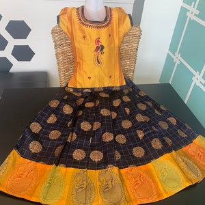 Multiple Sizes Navy Blue Design Lehenga & Mustard Yellow Blouse/ Pattu Pavada/Langa blouse/Chaniya Choli/ Pattu Pavadai/ Pattu Langa/Ethnic