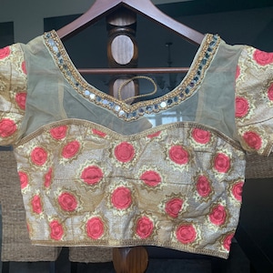 Size 38 Gold and Pink Embroidered Net Blouse / Saree Blouse/ Lehenga Blouse
