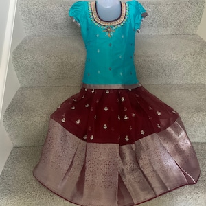 Multiple Sizes Maroon Skirt and Teal Green Top Chanderi Silk Pattu Pavada/Langa blouse/Ethnic Dress/Chaniya Choli/ Pattu Pavadai/Pattu Langa
