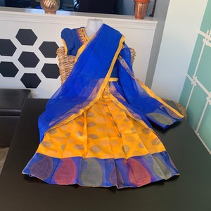 10 to 11 Year Girl Yellow and Blue Langa Voni/halfSaree/Pattu Pavada/Langa Blouse Dhavani/Daavani/Dhavni/Traditional Lehenga/Chaniya Choli