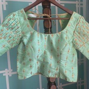 Size 34 Designer Blouse Pistachio Green Color Gold Sequins Work Embroidered Blouse/Saree Blouse/Ready Blouse/Lehenga Choli/Langa Blouse